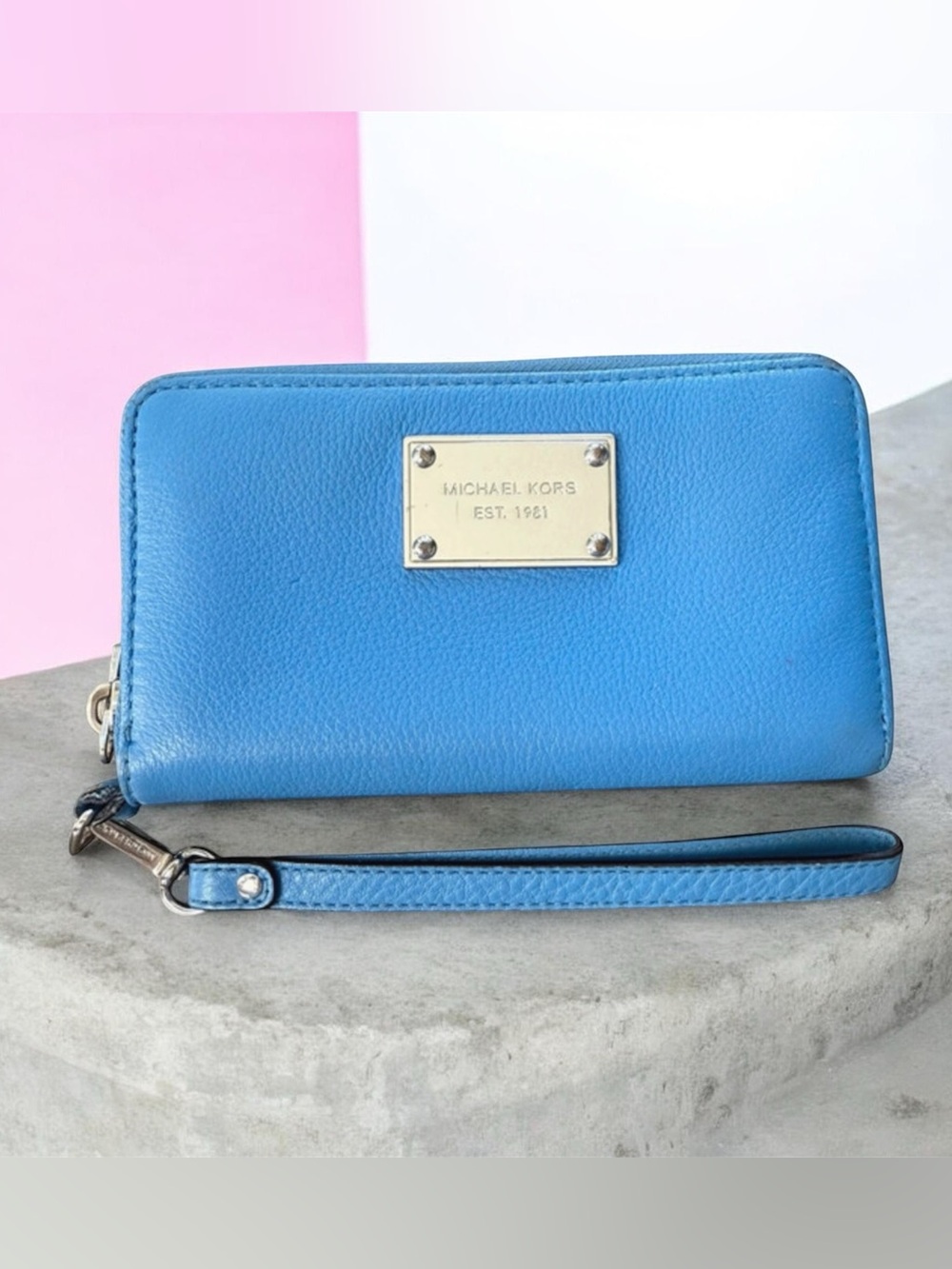 Michael Kors Pebble Leather Wristlet in Light Blue with Silver Hardware